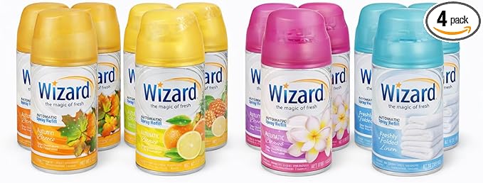 Wizard Automatic Spray Refill Bright &amp Fresh 12-Pack 4 Clean &amp Tropical Scents (3 Cans Each) Fits Air Wick &amp Glade Automatic Sprayers