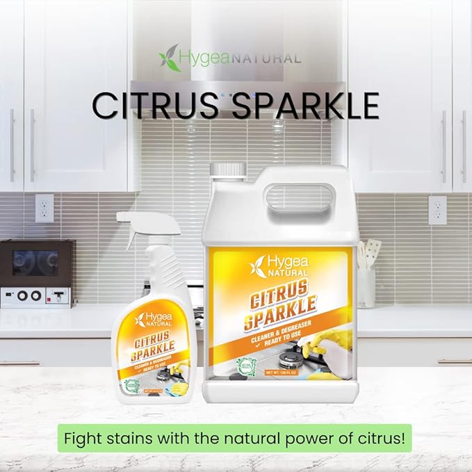Hygea Natural Citrus Sparkle Chemical-Free Heavy Duty Degreaser &amp All Purpose Cleaner - Pure Citrus Extracts &amp Natural D-limonene - Removes Grease Dirt &amp Grime (3 Pack of 24 Ounce Spray)