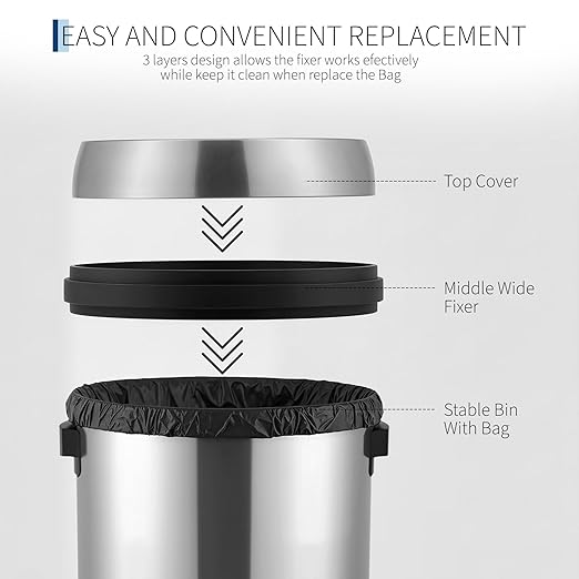 Towallmark 65L/17Gal Heavy Duty Open Top Commercial/Kitchen Trash Can Fingerprint-Resistant Waste Bin for Office Bedroom Restaurant Brushed Stainless Steel