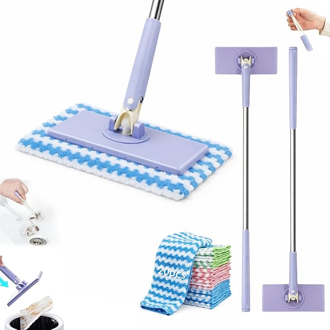 2026 Upgraded Snap Grip Mini Mop Zero Touch Mini Mops Cloth Changing Mini Mop with Automatic Hands Free Push Pull Handle Retractable Disposable Dust Mops(2PCS+20CLOTHS)