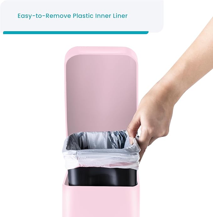 Home Zone Living 1.3 Gallon Small Bathroom Trash Can with Lid and Step Pedal Stainless Steel Wastebasket with Slim Design for Home and Office Matte Pink 5 Liters