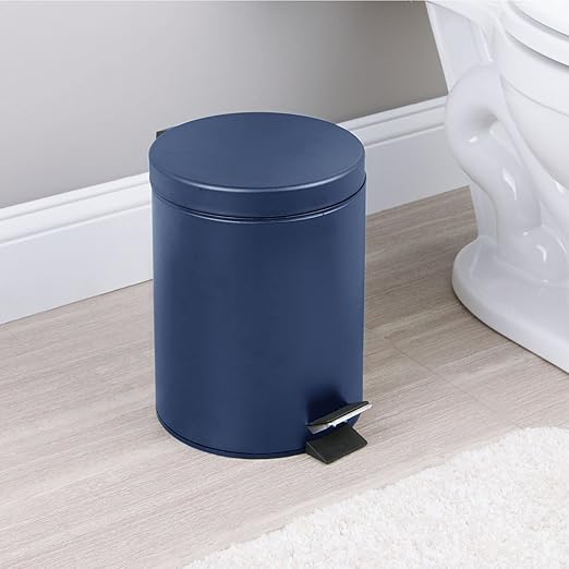 mDesign Pedal Bin — Metal Waste Bin with Pedal Lid and Plastic Bucket Insert — for Bathroom Kitchen and Office — 5 Litre Household Rubbish Bin with Ergonomic Design — Blue