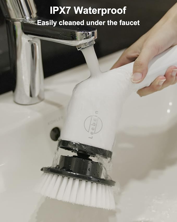 Leebein Electric Spin Scrubber Cordless Cleaning Brush with 8 Replaceable Brush Heads Tub and Floor Tile 360 Power Scrubber Dual Speed with Adjustable &amp Detachable Handle for Bathroom Kitchen Ca