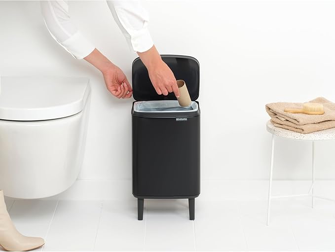 Brabantia Bo Small Lift-Open Trash Can with Raised Legs | 1.8 Gal / 7L | Matt Black | Free Standing Bedroom Bathroom Nursery Trash Can Removable Inner Bucket Non-Slip Feet | + Trash Bags