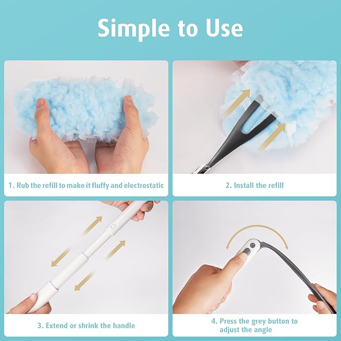 60 Count Heavy Duty Duster Refills with Two 3 ft Extendable Handle Starter Kit Compatible with Swiffer Disposable Microfiber Feather Dusters for Cleaning Home