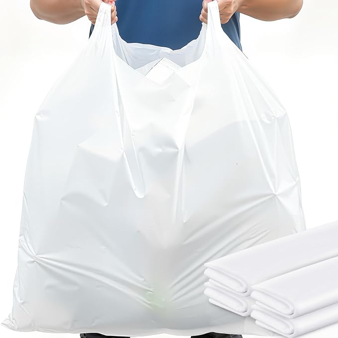 100 Pack 48 x 36 x 10 Extra Large White Plastic T-shirt Shopping Bags(0.8 Mil Thick) with Handle for Restaurant Retail Grocery Business