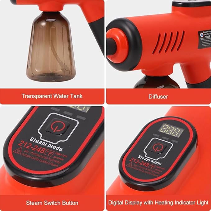 Handheld Steam Cleaner Portable Handheld Steamer with 1200W 600ML 3 Levels Adjustable for Tile Window Kitchen Car Red