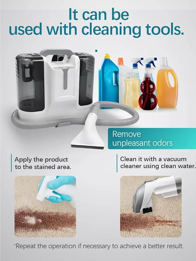 Portable Carpet &amp Upholstery Cleaner 12Kpa Powerful Suction Cleaning Machine For Couch Carpets &amp Car 450W Motor With 1800ml Tank 6 Multi-Surface Brush Heads (White)
