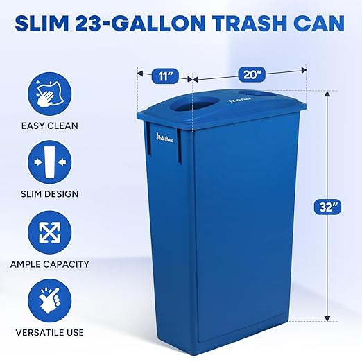 23 Gallon Slim Trash Can with Recycling Lid for Bottles and Cans Blue Commercial Rectangular Garbage Can Waste Bin for Home Kitchen Office Cabinet