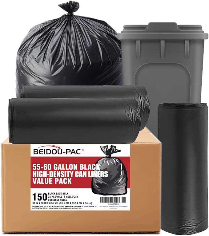 55-60 Gallon Trash Bags 150 Count Bulk Black Heavy Duty Garbage bags Multi-purpose Trash Can Bin Liners for Business Home Commercial Industrial Contractors Storage Outdoor
