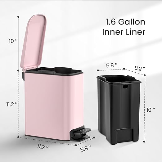 Cesun Small Bathroom Trash Can with Lid Soft Close Step Pedal 6 Liter / 1.6 Gallon Stainless Steel Garbage Can with Removable Inner Bucket Anti-Fingerprint Finish (Pink)