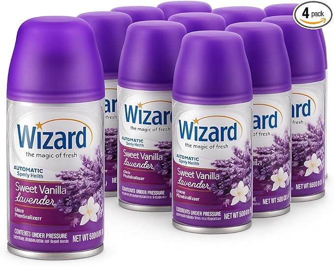 Wizard Automatic Spray Refill – Sweet Vanilla Lavender 5 oz (12 Pack) | Compatible with Air Wick Freshmatic &amp Glade Dispensers | Long Lasting Odor Neutralizer for Home &amp Office