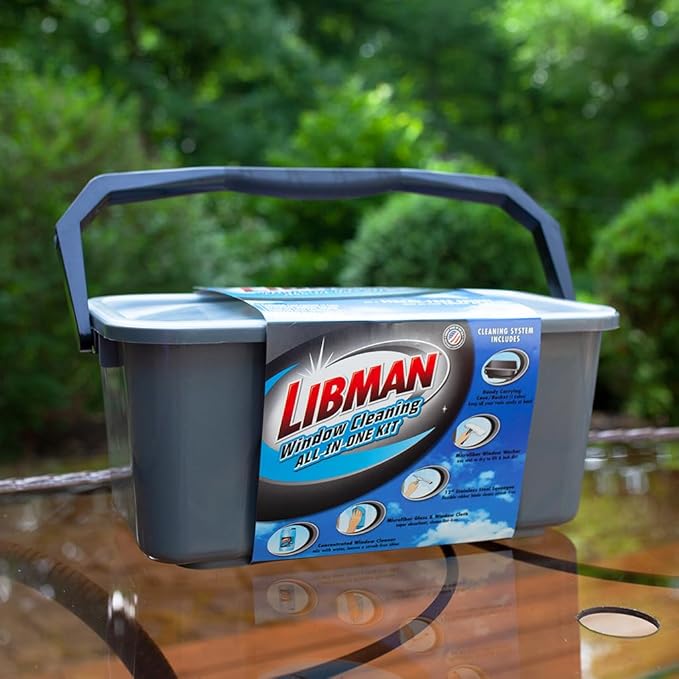 Libman Window Cleaning Kit – All-in-One Window Washing System with Bucket Stainless Steel Squeegee Microfiber Washer Glass Cloth &amp 24oz Cleaner – Pro Quality – Refillable – Streak-Free