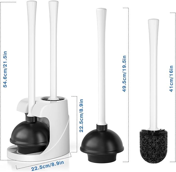 Toilet Plunger and Brush Bowl Brush and Heavy Duty Toilet Plunger Set with Ventilated Holder 2-in-1 Bathroom Cleaning Combo with Modern Caddy Stand for 5.7-inch Toilet Drain(White 2 Set)