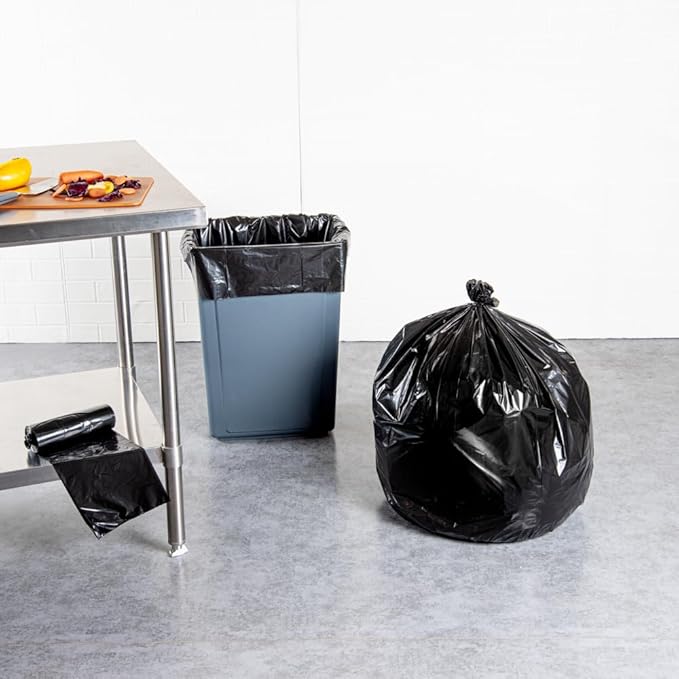 Restaurantware RW Clean 33 Gallon Trash Bags 100 Medium-Duty Garbage Can Liners - Fits 33-39 Gallon Trash Cans Stretchable Black Plastic Bin Liners With Star Seal Bottom