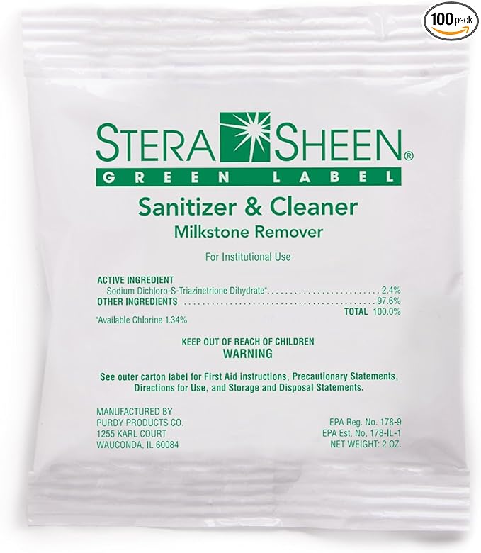 Stera Sheen - Green Label Sanitizer + Cleaner + Milkstone Remover | Cleaner and Sanitizer for Soft Serve + Shake Machines + Ice Maker and Ice Machines | By Purdy Products 100 count 2 Ounce Sachets