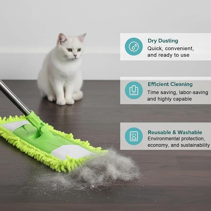 [Godiyyer] Dust Mop for Floor Cleaning 360° Swivel Chenille Mop with 2 Washable Pads Adjustable 31-58 Handle Dry and Wet Available Suitable for Hardwood Laminate Tile Marble