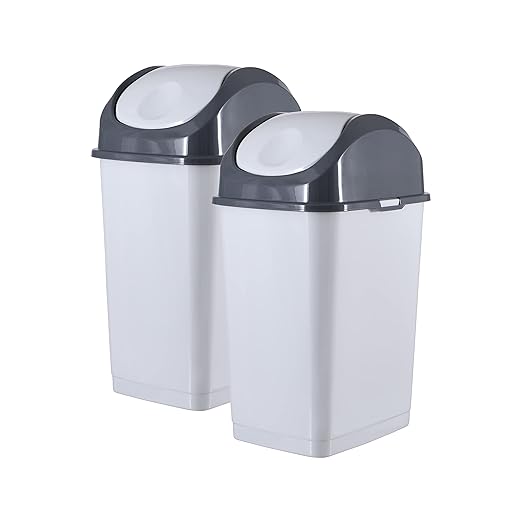 Superio Small 2.5 Gallon Plastic Trash Can with Swing Top Lid Compact Slim Waste Bin for Under Desk Office Bedroom Bathroom Dorm Room 10 Qt. Portable Garbage Can (SmokeWhite/Grey 2 Pack)