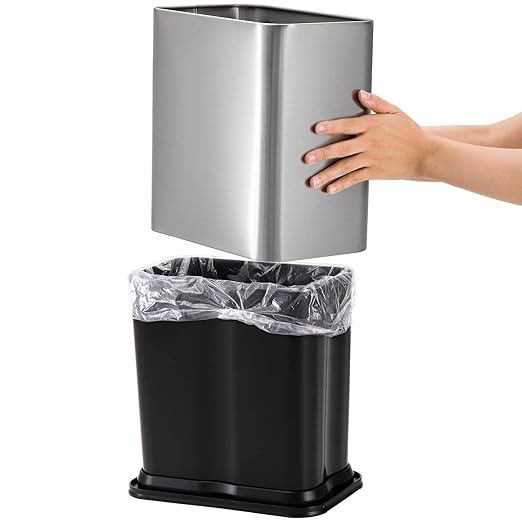 Coloch Small Metal Trash Can 2.6 Gallon(10L) Slim Size Wastebasket for Narrow Spaces Stainless Steel Garbage Bin Silver Invisi-Overlap Open Top Rubbish Bin for Bedroom Bedroom Toilet Undersink