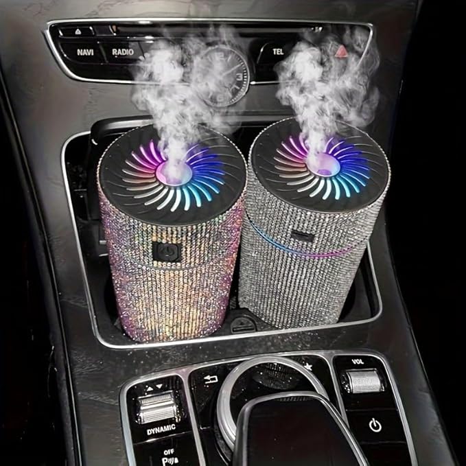 Luxury Rhinestone Car Diffuser Humidifier With LED Light Auto Air Purifier Aromatherapy Diffuser Air Freshener Car Accessories (white)