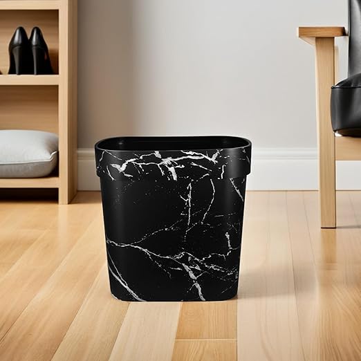 VALICLUD Oval Marble Pattern Plastic Wastebasket Open Top Trash Bin with Innovative Ring for Secure Bag Placement for Bathroom Kitchen and Office Use Easy