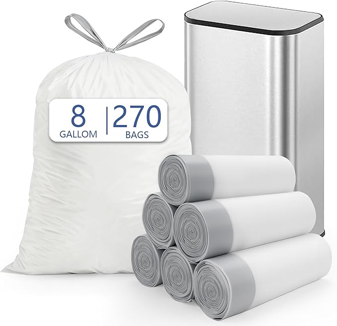 8 Gallon (30L) Trash Bags Fits SONGMICS 8 Gallon Trash Cans 6 Rolls 270 Counts Heavy Duty White Garbage Bags Pre-Separated Drawstring Trash Bags Suitable for Kitchen Bathroom etc.