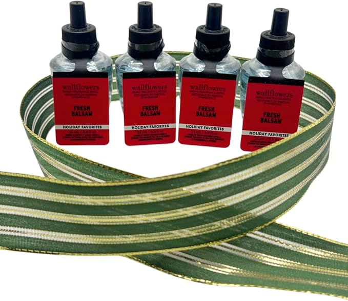 Bath &amp Body Works FRESH BALSAM Wallflowers Home Fragrance Refill Gift Set with 30-Inch Forest Green Ribbon and Metallic Gold Stripes &amp Sheer Accents for Holidays 0.8 fl oz each - Pack of 4