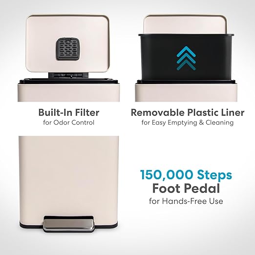 Simpli-Magic 50 Liter / 13.2 Gallon Soft-Close Smudge Resistant Trash Can with Foot Pedal and Built in Filter- White Color