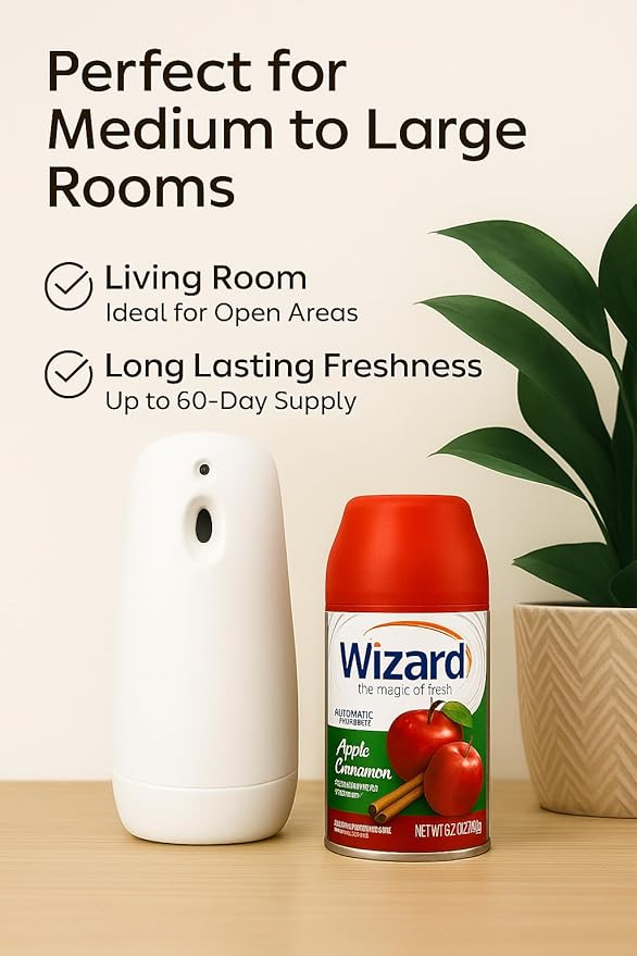 Wizard Automatic Spray Refill – Apple Cinnamon 5 oz (12 Pack) | Compatible with Air Wick Freshmatic &amp Glade Dispensers | Long Lasting Odor Neutralizer for Home &amp Office