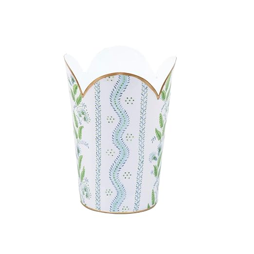 Jaye's Studio Emma Stripe Enamel Tulip Gold Waste Basket for Bathroom Trash Can no Lid Garbage Can for Office Trash Bin for Bedroom Blue &amp Green Trash Can Metal Decorative Wastepaper Basket Tu