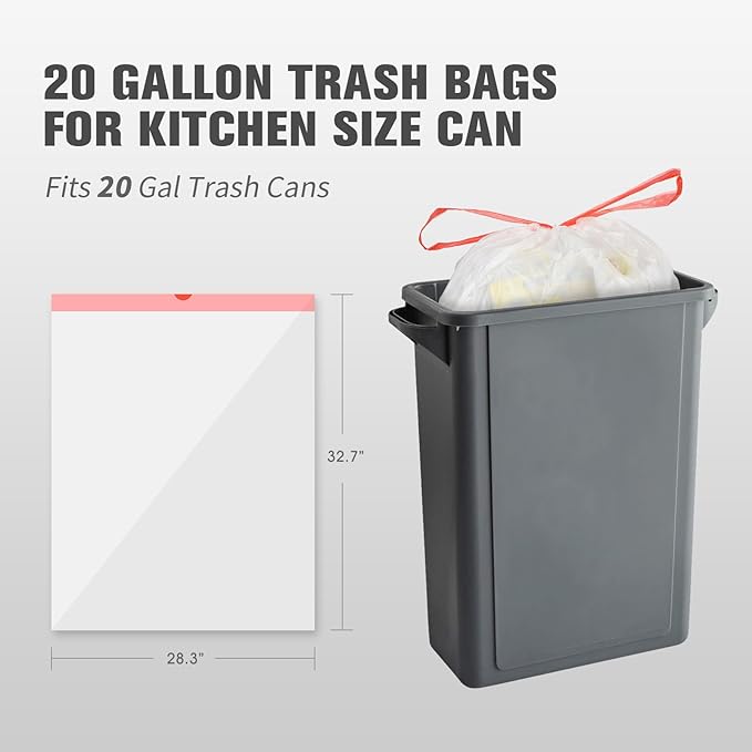 20 Gallon Trash Bags Fit 20-21 Gal Extra Strong Large Garbage Bags w/Drawstring (102 Count) Heavy Duty Plastic Trash Liners for Kitchen Commercial Office Lawn Clear