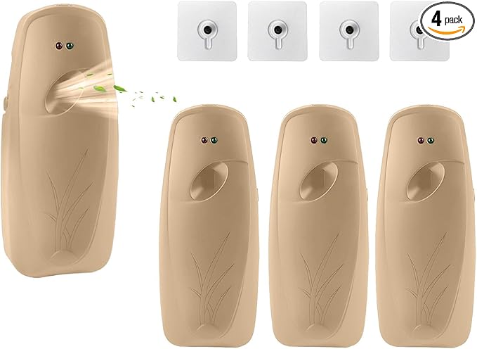 4PCS Automatic Air Freshener Spray Dispenser Wall Mounted or Free Standing Battery Operated Sprayer for Bathroom Multiple Time Scent Mist Release Settings for Room Restroom Sprayer (Khaki L)