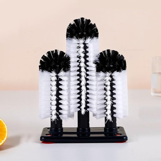 Bar Glass Cleaner for Sink with 3 Head Bristle Brush and Suction-Base Plastic Cup Washer for Kitchen or Bar Use