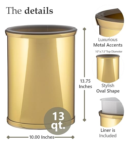 Kraftware Mylar Collection Wastebasket with Plastic Liner adds Luxurious Style to the Home or Office Bathroom or Bedroom 13 Quart 2 piece set with Liner for Easy Cleanup Gold w Gold Trim