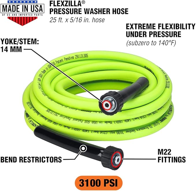 Flexzilla Pressure Washer Hose 5/16 25' M22 3100PSI ZillaGreen - HFZPW3525M-E