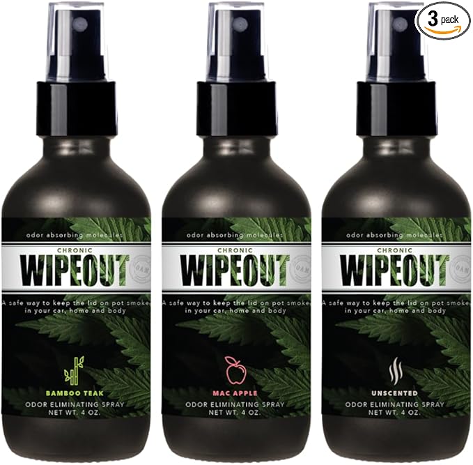 Chronic Wipeout Smoke Smell Eliminator for Home Cars Clothes &amp More | Smoke Odor Eliminating Spray for All Kinds of Strong Smoke | Gifts for Smokers - Apple Bamboo Teak &amp Unscented 3 Pack