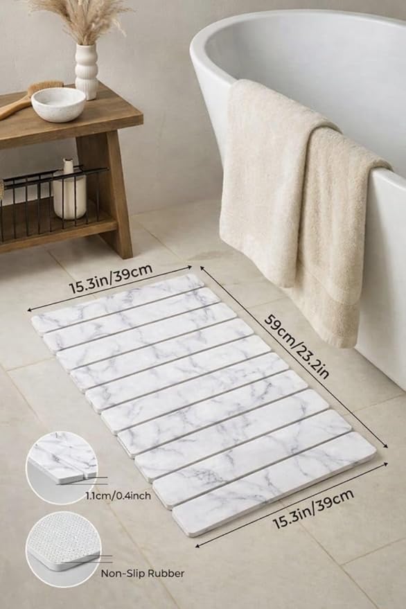 Premium Foldable Stone Bath Mat - Ultra Absorbent Quick Drying Compact Easy to Store &amp Clean Non-Slip Diatomaceous Earth Bath Shower Mat (Marble White)