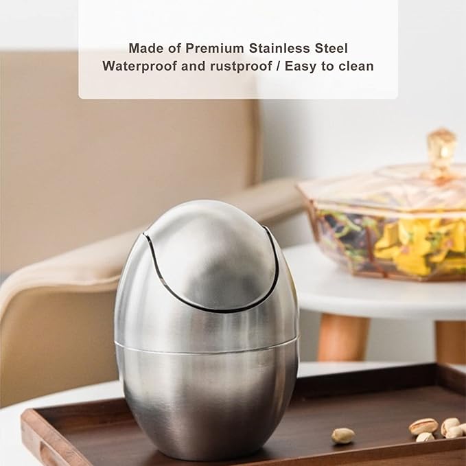 Tyenaza Mini Trash Can Egg-Shaped Stainless Steel Countertop Garbage Bin Mini Desk Can with Swing Lid for Office Desk Coffee Table Vanity Tabletop Bedroom
