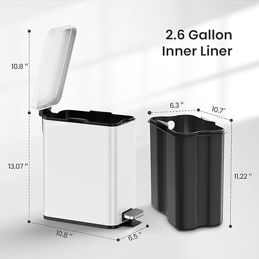 Cesun Bathroom Trash Can with Lid 2.6 Gallon Small Bathroom Garbage Can Soft Close Stainless Steel Waste Basket with Step Pedal for Bedroom Laundry Room Living Room Home Office Toilet RV White