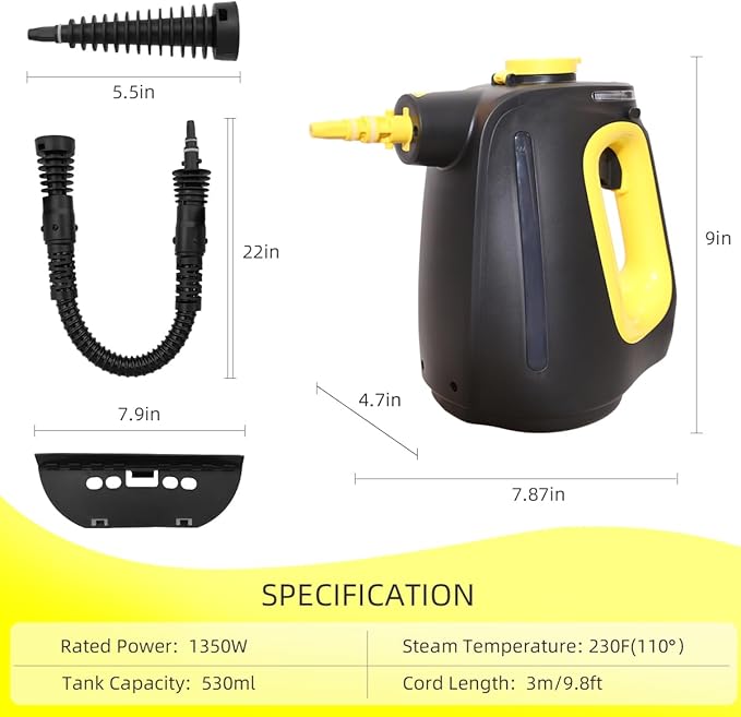 Steam Cleaner Pressurized Handheld Steam Cleaner for Home 1350W with 10-Piece Accessory Set. 530ML Large Capacity Natural Multipurpose Portable Steamer with Safety Lock for Bathroom Home.