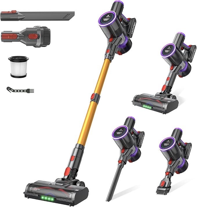 Cordless Stick Vacuum Cleaner: 550W 50KPA 45Mins with Powerful Suction Self-Standing Lightweight Wireless Rechargeable Handheld Vacuum with Touch Screen for Home Pet Hair/Carpets/Floors