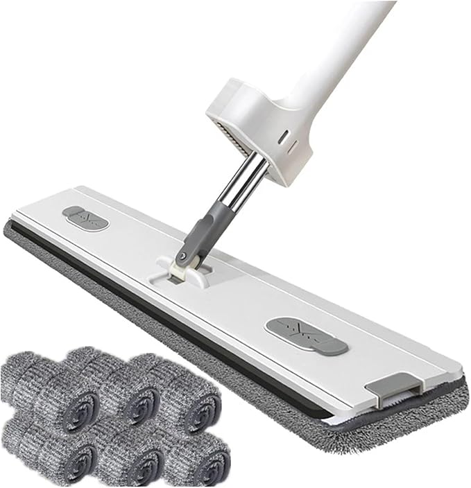 Flat Mop with Replaceable Microfiber Pads for Wet and Dry Cleaning Rotating Broom(White 1)