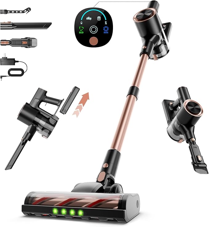 KIKETECH Cordless Vacuum Cleaner with Self-Standing Lightweight Powerful Suction VacuumLED Screen Stick Vacuum Cleaners for Home for Pet Hair Carpets Hardwood Floors (Gold)