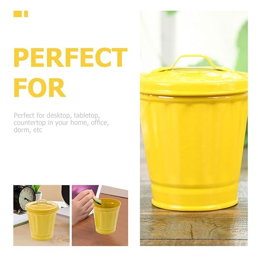 5pcs Mini Desktop Trash Cans with Lid 9cm Diameter Yellow Iron Tiny Garbage Bins Decorative Small Wastebaskets for Office Bedroom Living Room Storage