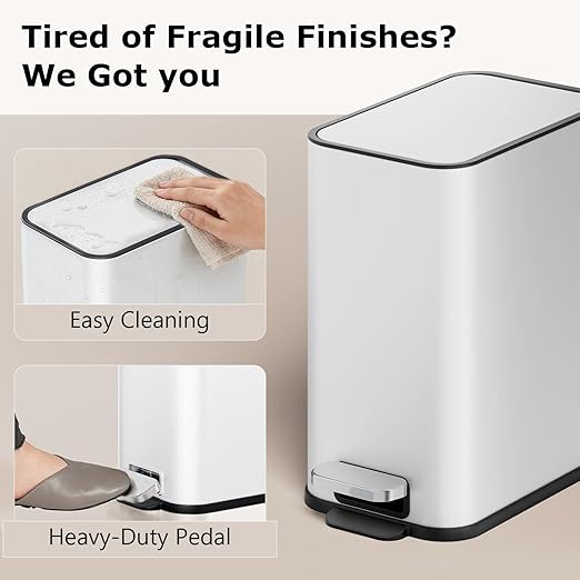 Small Bathroom Trash Can with Lid Soft Close 1.3 Gallon Garbage Can Step Pedal Stainless Steel Wastebasket Slim Trash Bin for Office Bedroom Toilet Live Room (White)