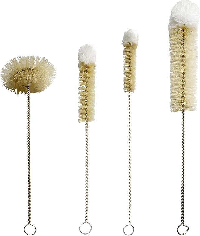 Coralpearl Bottle Brushes Thin Long Handle X 4 Skinny Wire Cleaner Set in Stainless Steel with Natural Boar Bristle at Wool Tip Bendable Flexible for Cleaning Narrow Neck Bottles Pipe Tube Hose