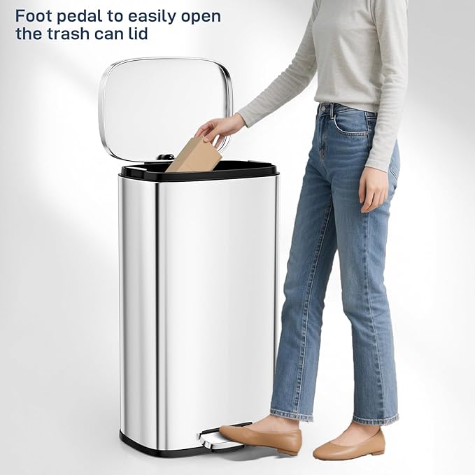 Arlopu 8 Gallon Step Trash Can Stainless Steel Garbage Bin Soft-Close Rubbish Bin with Removable Plastic Inner Bucket Fingerprint-Proof Lid Dustbin Suit for Kitchen Home (Silver 30L)