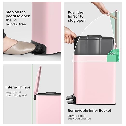 Cesun Small Bathroom Trash Can with Lid Soft Close Step Pedal 6 Liter / 1.6 Gallon Stainless Steel Garbage Can with Removable Inner Bucket Anti-Fingerprint Finish (Pink)