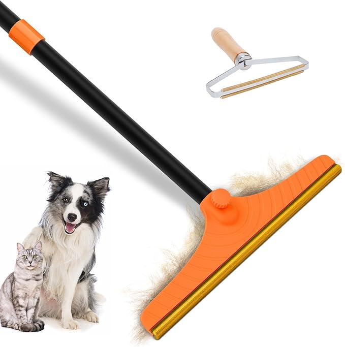 Carpet Rake for Pet Hair Removal - Reusable Pet Hair Remover 60” Adjustable Long Handle Cat Dog Carpet Rake Scraper Dog Hair Rake Brush for Rugs Mats Couch