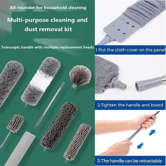 Extension Crevice Duster Microfiber dusting Cloth Retractable Handle Bendable Head Crevice Duster Cleaning Tool Set Suitable for Furniture top and Bottom Blinds etc.(5-Piece Set1.4m Pole)